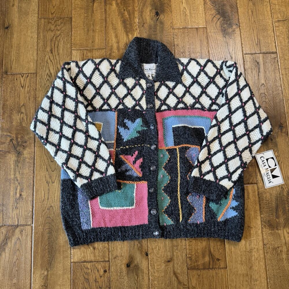 VTG 80s Casa Maglia Cardigan Sweater Geometric Knit Wool Blend Womens Sz XL NWT